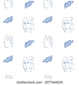Trendy seamless pattern with abstract Matisse inspired human faces and tropical leaf. Simple portrait in simple flat design on white background.