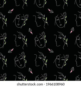 Trendy seamless pattern with abstract portraits of young women and flowers on black background. Vector illustration for textile print , background, wallpaper, decorative paper and other design.

