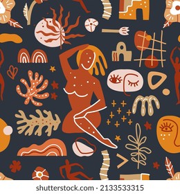 Trendy seamless pattern with abstract shapes and silhouettes of people. Matisse inspired shapes in pastel colors. Modern vector illustration can be used for home decoration, packaging, wallpaper.