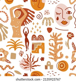 Patrón moderno y sin fisuras con formas abstractas y siluetas de personas. Las formas matisse inspiran en los colores pastel. La ilustración vectorial moderna se puede utilizar para la decoración del hogar, el embalaje, el papel tapiz.