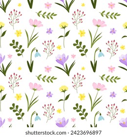 Trendy nahtlose Muster abstrakte Wildblumen, Frühlingsblumen und Blätter, flache Symbole. Vektorgrafik