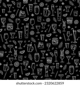 Trendy seamless pattern with acoholic and non-acoholic cocktail, lemon slices, mint, ice cubes. Great for decoration interior, print posters, banner, menu design, packaging. Isolated on black. Doodle