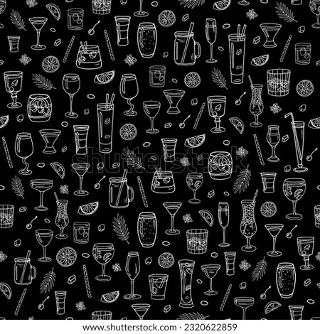 Trendy seamless pattern with acoholic and non-acoholic cocktail, lemon slices, mint, ice cubes. Great for decoration interior, print posters, banner, menu design, packaging. Isolated on black. Doodle