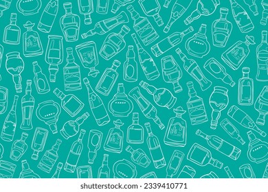 Trendy seamless pattern of alcohol bottles. Alcohol drinks. Great for bar menu, drink menu, banner, print. Doodle style. Vector illustration EPS10. Isolated on blue background