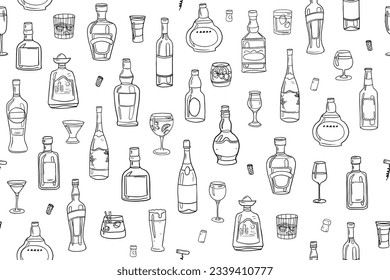 Trendy seamless pattern of alcohol bottles and glasses in doodle style. Alcohol drinks. Great for bar menu, drink menu, banner, print. Vector illustration EPS10. Isolated on white background