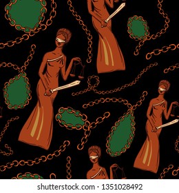 Trendy seamless pattern with ancient Greece statue of goddess Themis and chains . good for scarf, headscarf, bandanna, textile, fabric.