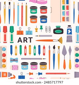 Trendy seamless pattern with art supplies. Art supply background. Watercolor paint, pencil, paint tubes, watercolor, crayon, color palette, brushes, palette knife. Vector hand drawn flat illustration