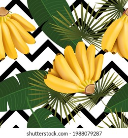 Trendy seamless pattern with baby banana bunch and tropical leaves. realistic Vector illustration