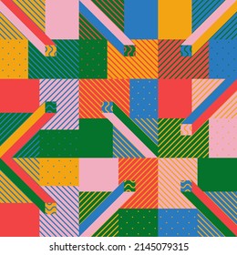 Trendy seamless pattern background with simple fancy shapes. Colorful geometric pattern in 80s-90s styles. Great for a poster design, fabric print, wallpaper, wrapping paper.