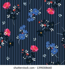 Trendy Seamless pattern beautiful full of blooming flowers and leaves dark mood on navy blue and black stripe Design for fashoin fabric ,wallpaper book , card and etc