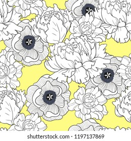Trendy seamless pattern with big flowers such us peonies, poppies and roses.