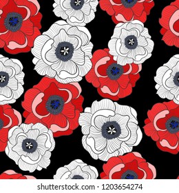 Trendy seamless pattern with big flowers  poppies. 