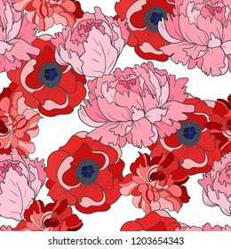 Trendy seamless pattern with big flowers such us peonies, poppies and roses. 