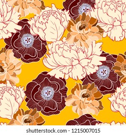 Trendy seamless pattern with big flowers such us peonies, poppies and roses. 
