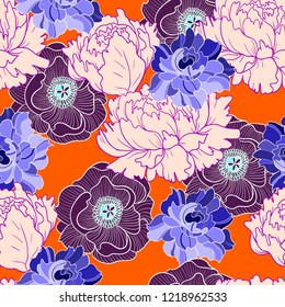 Trendy seamless pattern with big flowers such us peonies, poppies and roses. 