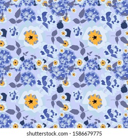 
Trendy seamless pattern with blue flowers and leaflets for printing on fabric.
