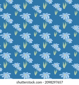 Trendy Seamless pattern with blue flowers on a dark blue background. Floral design. For fabrics, children's clothing, home decor, quilting, cards and templates, scrapbooking and more