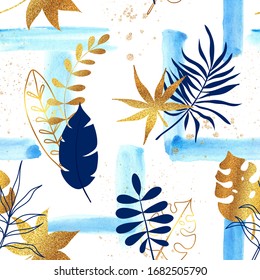 Trendy seamless pattern with blue watercolor brush strokes, hand-drawn tropical leaves and golden sparkles.Modern abstract design for  wallpaper, cover, fabric and other users. Vector illustration
