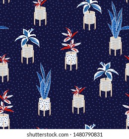 Trendy Seamless pattern with botanical house plants in hand drawn style on with polka dot, Design for fashion, fabric, web, wallpaper , wrapping and all priints on dark blue