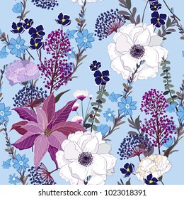 Trendy seamless pattern. Bright botanical stylish many kind of  florals  blooming   Seamless vector texture. Printing with in hand drawn style on light sky blue background.
