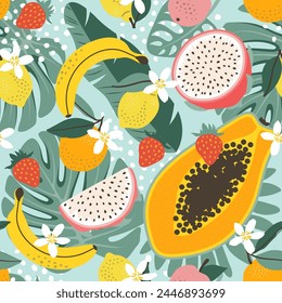 Trendy seamless pattern with bright colourful tropical fruits and palm leaves. Vector illustration.