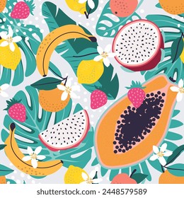 Trendy seamless pattern with bright colourful tropical fruits and palm leaves. Vector illustration.