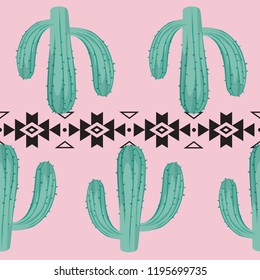 Trendy seamless pattern with cacti and tribal ornament in trend colors on pink background. Can used in design of textile, fabrics, prints, covers, clothes and other