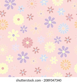 Trendy seamless pattern with cartoon flowers. Hippie and retro aesthetic. Colorful vector background in pastel tones. 60s, 70s, vintage style