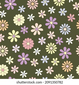 Trendy seamless pattern with cartoon flowers. Hippie and retro aesthetic. Colorful vector background in pastel tones. 60s, 70s, vintage style