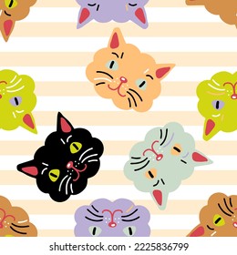 Trendy seamless pattern with cat faces on striped background. Perfect print for T-shirt, textile, fabric, paper. Hand drawn vector illustration for decor and design.