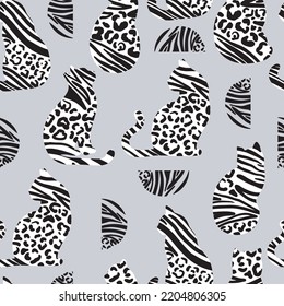 Patrón moderno y sin fisuras con gatos y formas abstractas. Gatos modernos con textura de piel de animales salvajes. Se puede usar para papel textil, impreso, tapiz.