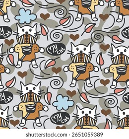Trendy seamless pattern with cats and abstract shapes for textiles, prints, wallpaper, wrapping paper.