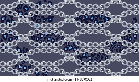 Trendy seamless pattern with chains on leopard skin. Vector Illustration