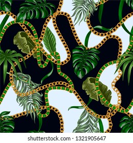 Trendy seamless pattern with chains and tropical leaves