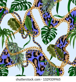 Trendy seamless pattern with chains and tropical leaves on leopa