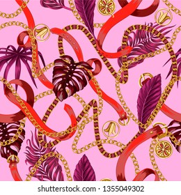 Trendy seamless pattern with chains and tropical leaves