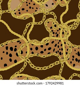 Trendy seamless pattern with chains and tropical leaves on leopa