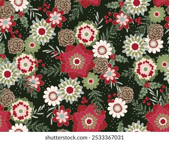 Trendy Seamless pattern with Christmas botanical Floral plants, flowers Vector Illustration Not Ai , Design for fashion , fabric, textile, wallpaper , wrapping and all prints