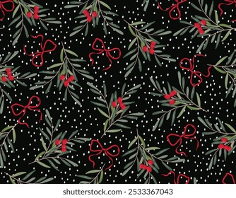 Trendy Seamless pattern with Christmas botanical plants, Coqutte Bows , flowers aand snow Vector Illustration Not Ai ,Design for fashion , fabric, textile, wallpaper , wrapping and all prints