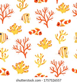Trendy seamless  pattern with clown fish, butterfly fish and different  types of coral. Flat vector colorful  illustration on white background.