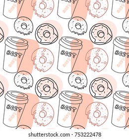Trendy seamless pattern with coffee and donuts. Idea for coffee shop.