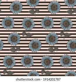 Trendy seamless pattern with colorful blue sketch textured sunflowers on black and pale pink striped background. Abstract hand drawn gerbera flower texture for textile, wrapping paper, surface