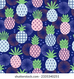 Trendy seamless pattern with colorful pineapples. Vector illustration.