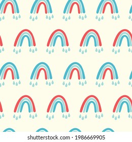 Patrón moderno y sin fisuras con el arcoiris colorido sobre el fondo del color. Diseño para invitación, afiche, tarjeta, tela, textil, tela. Ilustración de vacaciones para el bebé. Estilo Doodle.