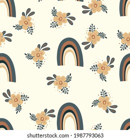 Patrón moderno y sin fisuras con arcoiris colorido, flores sobre fondo de color. Diseño para invitación, afiche, tarjeta, tela, textil, tela. Ilustración de vacaciones para el bebé. Estilo de doodle escandinavo.