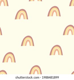 Trendy seamless pattern with colorful rainbow on color background. Design for invitation, poster, card, fabric, textile, fabric. Cute holiday illustration for baby. Scandinavian doodle style.