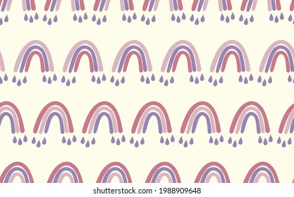 Patrón moderno y sin fisuras con el arcoiris colorido sobre el fondo del color. Diseño para invitación, afiche, tarjeta, tela, textil, tela. Ilustración de vacaciones para el bebé. Estilo de doodle escandinavo.