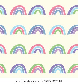 Patrón moderno y sin fisuras con el arcoiris colorido sobre el fondo del color. Diseño para invitación, afiche, tarjeta, tela, textil, tela. Ilustración de vacaciones para el bebé. Estilo de doodle escandinavo.