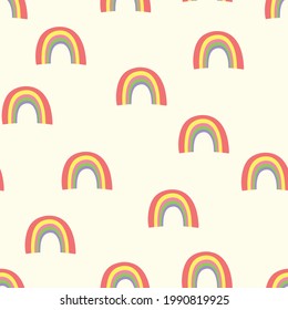 Patrón moderno y sin fisuras con el arcoiris colorido sobre el fondo del color. Diseño para invitación, afiche, tarjeta, tela, textil, tela. Ilustración de vacaciones para el bebé. Estilo de doodle escandinavo.