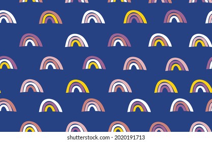 Patrón moderno y sin fisuras con el arcoiris colorido sobre el fondo del color. Diseño para invitación, afiche, tarjeta, tela, textil, tela. Ilustración de vacaciones para el bebé. Estilo de doodle escandinavo.